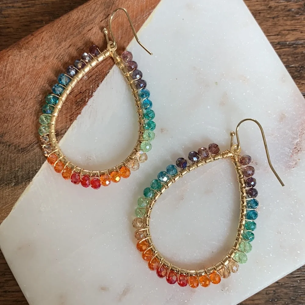 Multi-colored Glass Bead Teardrop Earrings - Picture 1 of 2